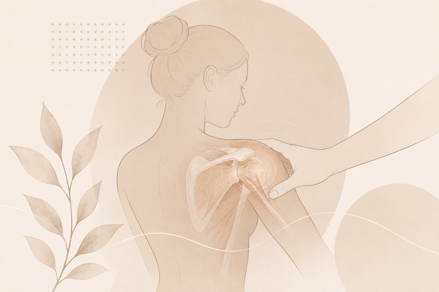 Ilustrace ženy s rukou na rameni, zvýrazněná bolestivá oblast a průsvitné anatomické kontury.
